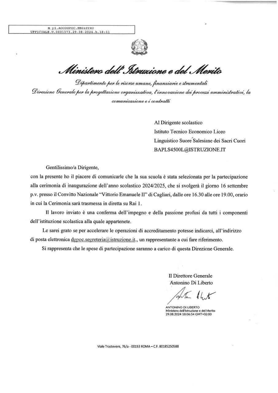 16 settembre 2024: Partecipazione alla cerimonia di inizio A.S. con il Presidente della Repubblica ed il Ministro dell’Istruzione e del merito.